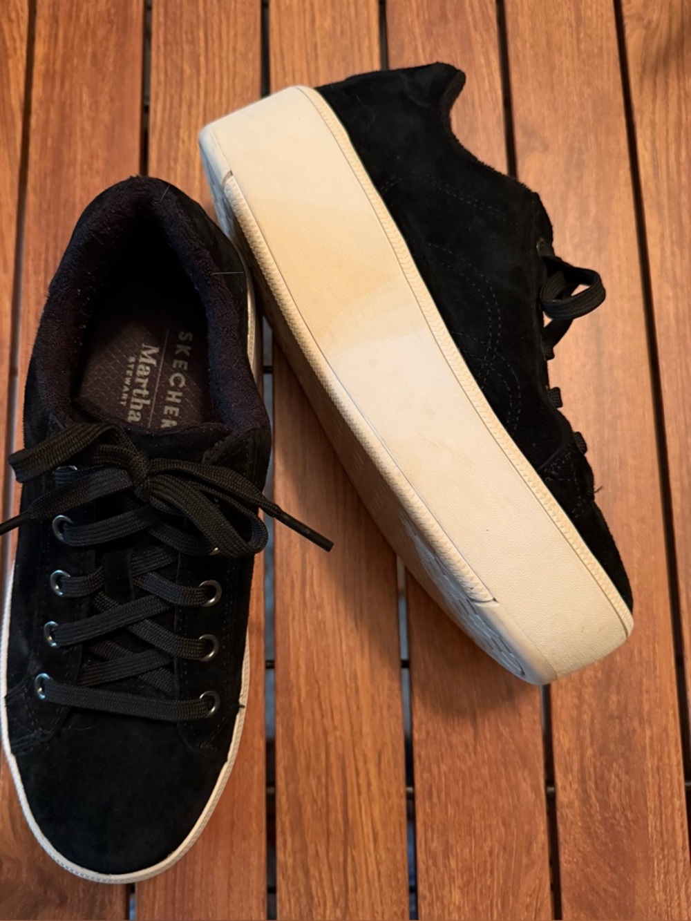 Skechers Women's Black Suede Lace-Up Platform Sneakers with White Sole—6.5M